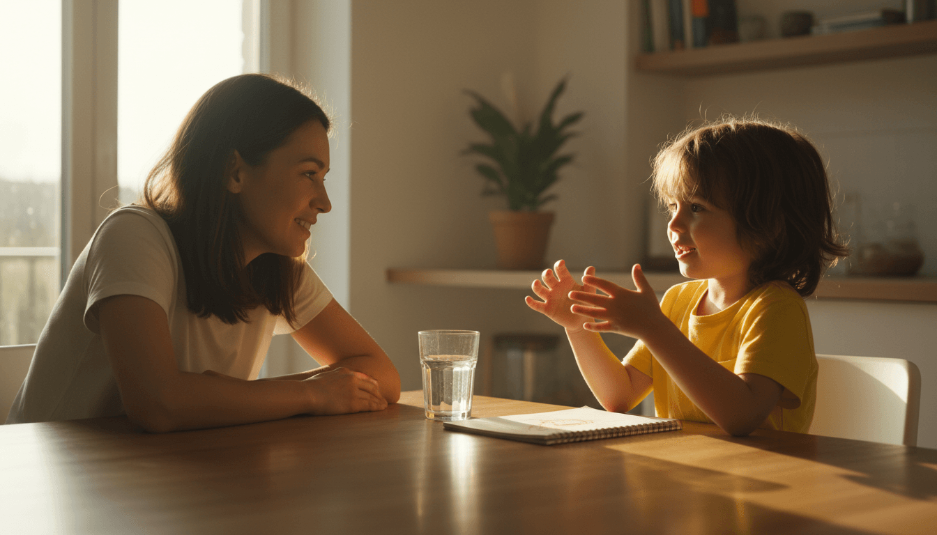Parent and child having an engaged conversation at a kitchen table in warm natural light, demonstrating attentive listening and connection. Parent and child having an engaged conversation at a kitchen table in warm natural light, demonstrating attentive listening and connection.